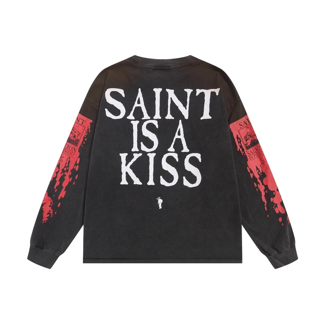 SAINT MICHAEL Retro Skull Throne Print Washed Distressed Bottoming Shirt Casual Loose Long Sleeve T-shirt Fabric: 260g Style Number: SM656 Size: S-M-L-XL Color: Black Price: P156